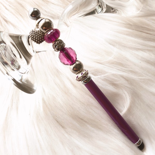 Handmade Beaded Stylus for Mobile Devices | Purple Beadable Stylus with Rhinestone & Fashion Beads | FREE Black Gift Pouch