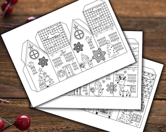 Christmas Paper Houses Coloring Templates | Printable Christmas Village | DIY Paper Houses | Paper Craft PDF