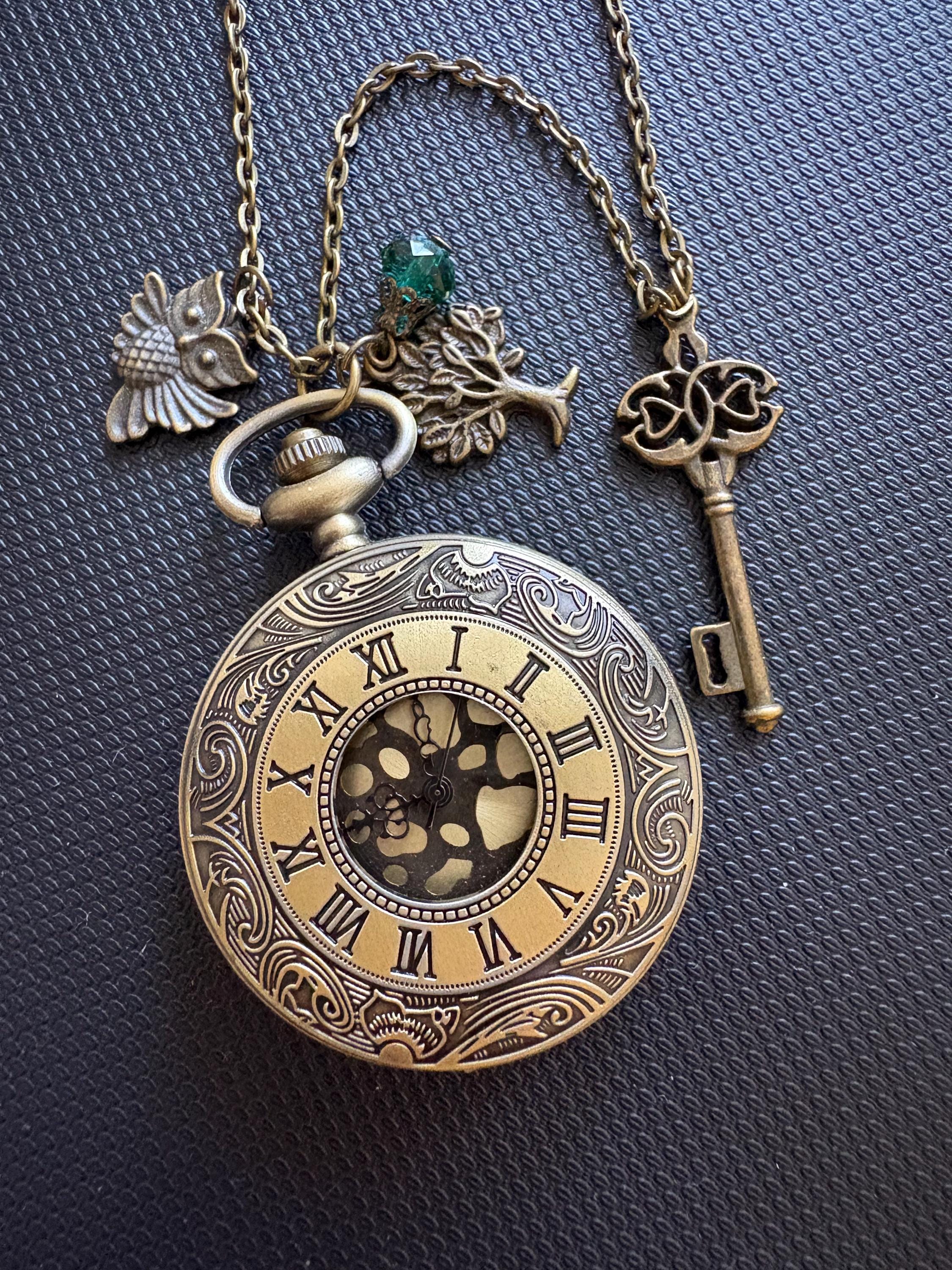 Steampunk Roman Numerals Pocket Watch Necklace, with Owl Tree‑of‑Life Key Charms, Green Crystal,