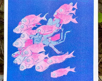 Fisch Mädchen Riso Print | 8 x 8 Druck | Risograph