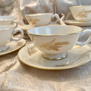 Vintage Lenox Harvest Bone China 5 Cups & 7 Saucers, Ivory Gold Wheat Translucent Fine China, Circa 1940-1980, Made In USA, Tableware