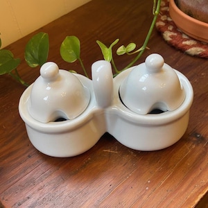 May include: A white ceramic salt and pepper shaker set. The set has two compartments with a handle in the middle. Each compartment has a lid with a small knob on top. The set is on a wooden surface.