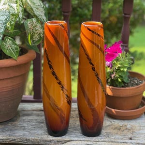 Vintage Italian Art Glass Vases, Black Swirl/Stripe Orangish Ochre Background, Handblown, Iridescent Shimmer, Sold As Pair, MCM Contemporary