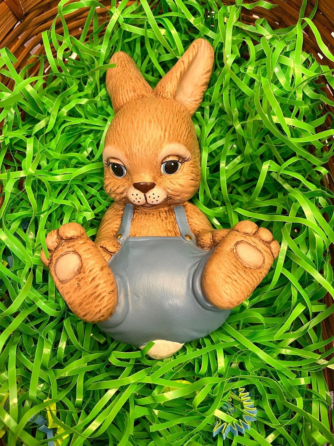 Vintage Handpainted Bunny in Overalls, Ceramic Rabbit Figurine, Whimsical Bunny, Rabbit, Easter