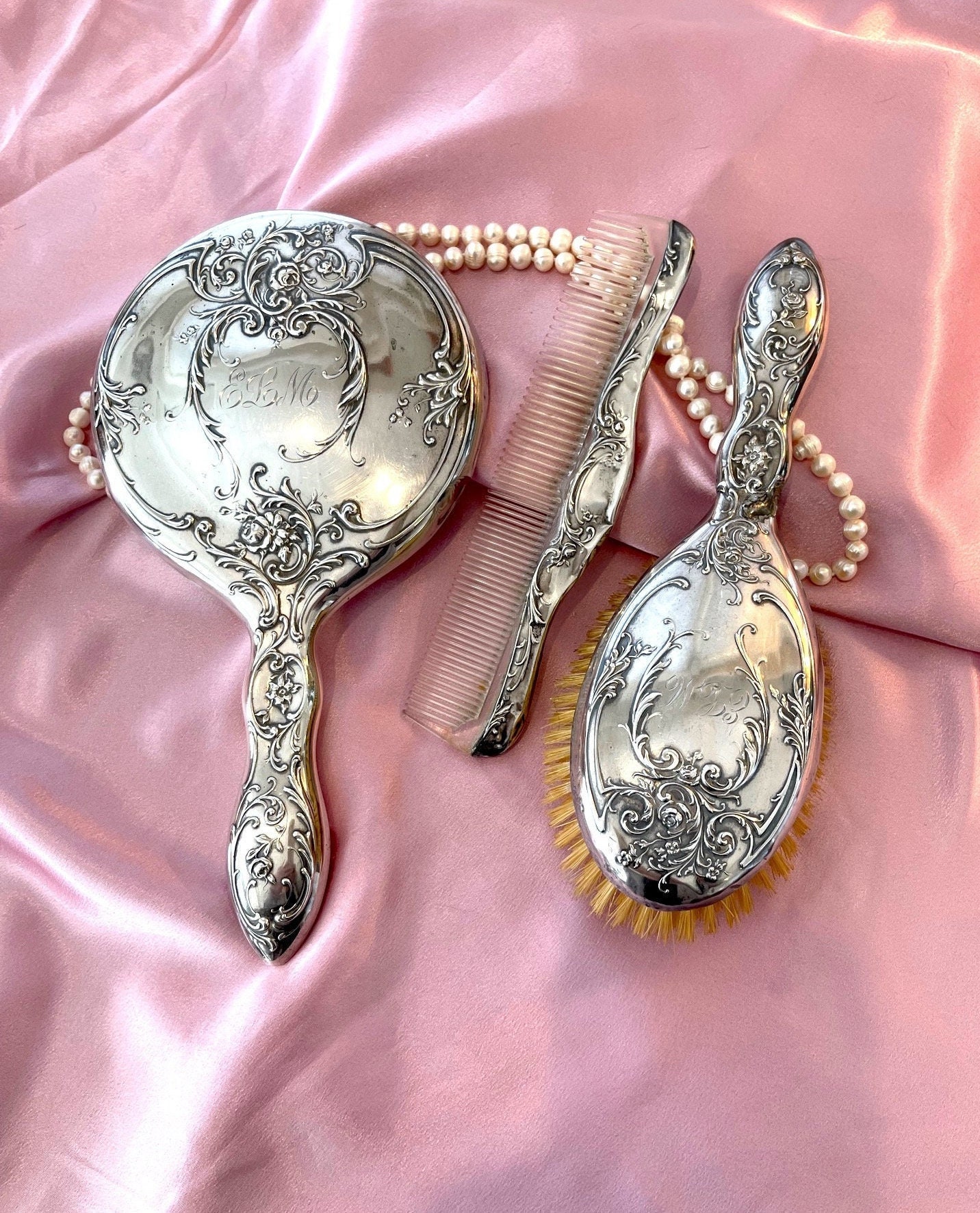 Antique Sterling Silver Vanity Dresser Set, Alvin Silver Co., 3piece