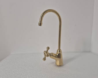 Unlacquered Brass Drinking Water Faucet, RO Filtered Water Dispenser Tap, Cross Handle, Solid Brass Kitchen Cold Tap