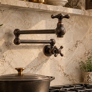 Könnte beinhalten: Ein wandmontierter Topffüller-Wasserhahn mit dunkelbronzener Oberfläche, ausgestattet mit einem doppelt gelenkigen Arm und einem Kreuzgriff-Design. Der Wasserhahn ist über einem Herd positioniert und zeigt eine klassische industrielle Ästhetik.