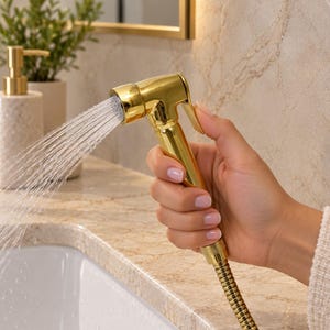 Könnte beinhalten: Eine goldfarbene Hand-Bidetbrause mit flexiblem Metallschlauch, die einen gleichmäßigen Wasserstrahl aus der Düse abgibt. Die Brause verfügt über einen Hebelgriff zur Aktivierung und eine polierte Metalloberfläche für die Hygiene.