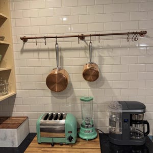 Solid Brass Pot Rail with S Hooks | Unlacquered Kitchen Hanging Rack, Rustic Farmhouse Storage