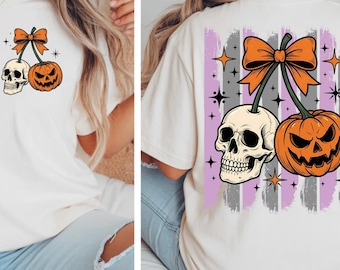 Camiseta adorable de Halloween con calavera y calabaza, camiseta gráfica de la temporada espeluznante, camiseta gótica coqueta de Halloween, camiseta de calabaza de otoño para mujer, regalo para ella.