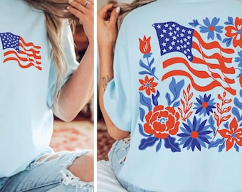 Camiseta de mujer para el 4 de julio, camiseta patriótica floral de EE. UU., camiseta con la bandera estadounidense, camiseta con estampado vintage americano, regalo para celebrar la libertad.