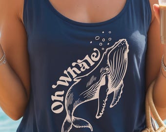 Camiseta sin mangas minimalista estilo playero con espalda deportiva, cuello en V con diseño de ballena, camiseta divertida con estampado de ballena, camiseta sin mangas con estampado para amantes del océano costero, lindo regalo para las vacaciones de verano.