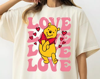 Winnie the Pooh Love Shirt, Retro Valentine Tee with Hearts, Cute Love Graphic T-Shirt, Valentines Day Gift, Groovy Style Top.