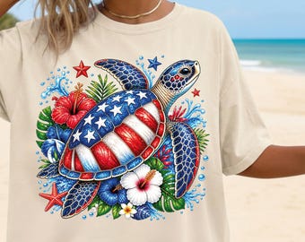 Camiseta Comfort Colors con estampado patriótico de tortuga marina, camiseta tropical hawaiana con estampado de tortuga, camiseta de verano para mujer con la bandera de EE. UU. y temática playera para el 4 de julio.