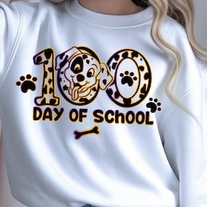 100th Day of School Dalmatian Puppy Shirt, Kids 100 Days Smarter Tee with Paw Prints, Bone & Apple, Back to School Kids Party.