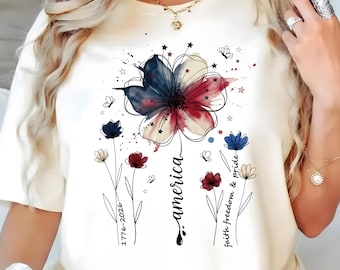 USA 250th Anniversary Floral Shirt, 1776–2026, Comfort Colors Patriotic Wildflower Tee, America 250 Years Freedom 4th of July Tee Women Boho