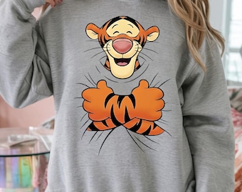 Cute Tigger Hug Sweatshirt, Funny Tigger Holiday Sweater, Cozy Winter Animal Hoodie, Unique Xmas Shirt for Her, Cute Holiday Crewneck.