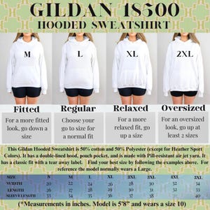May include: White Gildan 18500 hooded sweatshirt with a double-lined hood and pouch pocket. The image shows the sweatshirt in different sizes: M, L, XL, and 2XL. The size chart provides measurements in inches for width, length, and sleeve length.