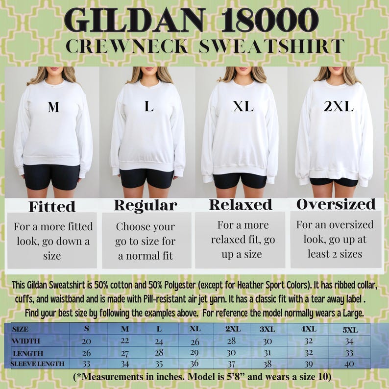 May include: White Gildan 18000 crewneck sweatshirt with size guide. The image shows models wearing different sizes, from M to 2XL, with size chart details. The text provides fitting advice: fitted, regular, relaxed, and oversized.