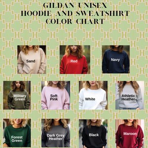 May include: Color chart for Gildan unisex hoodies and sweatshirts. The chart displays various colors, including sand, red, navy, military green, soft pink, white, athletic heather, forest green, dark grey heather, black, and maroon.