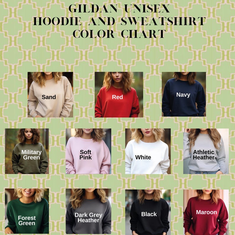 May include: Color chart for Gildan unisex hoodies and sweatshirts. The chart displays various colors, including sand, red, navy, military green, soft pink, white, athletic heather, forest green, dark grey heather, black, and maroon.