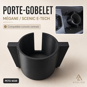 Peut inclure: Un porte-gobelet noir pour console centrale de véhicule, doté d'un corps cylindrique avec deux ailettes latérales et une découpe verticale. Le texte sur l'image inclut PORTE-GOBELET, MÉGANE / SCENIC E-TECH, Compatible console centrale et PETG NOIR.