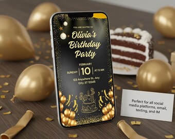 Gold & Black Birthday Party Video Invitation | Editable Digital Download | Elegant Mobile Birthday Card
