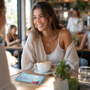 May include: A group of three women are seated at a cafe table, engaged in conversation. A greeting card with the words "Happy Birthday" is on the table. A cup of coffee and a small plant are also on the table.