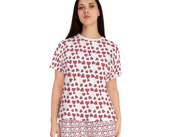 Hand-Drawn Red Hearts Valentine's Pattern Women's Short Pajama Set