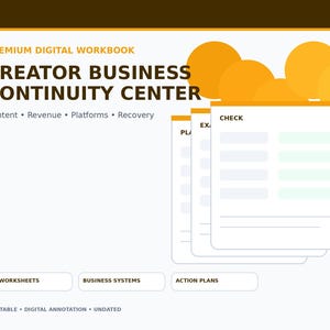 Puede incluir: Un libro de trabajo digital titulado Creator Business Continuity Center con los subtítulos Content, Revenue, Platforms y Recovery. Incluye tres páginas de lista de verificación apiladas, 22 hojas de trabajo, sistemas empresariales y planes de acción en naranja y blanco.