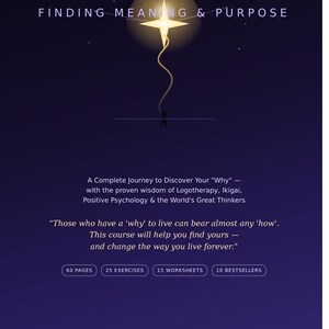 以下が含まれることがあります： Your North Star Finding Meaning & Purpose, A Science-Based Self-Guided Courseというタイトルの濃い紫色のブックカバー。輝く星のグラフィック、ロゴセラピーと生きがいに関するテキスト、60ページ、25のエクササイズ、15のワークシート、10のベストセラーというラベルが記載されています。