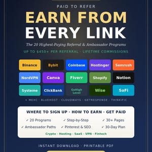 May include: A 2026 guide and course titled Earn From Every Link, featuring a list of 20 referral programs like Binance, Coinbase, and Shopify. The document outlines steps for earning commissions, includes a 30-day plan, and is a printable PDF.