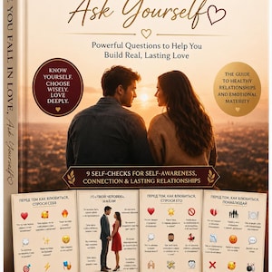 May include: A hardcover book titled Before You Fall In Love, Ask Yourself with a cream-colored cover featuring a sunset silhouette of a couple. The cover includes text about building lasting love and displays four informational charts with icons.
