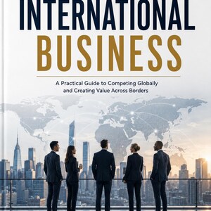 Könnte beinhalten: Buchcover "INTERNATIONAL BUSINESS" mit Stadtlandschaft und Weltkarte im Hintergrund. Es zeigt eine Gruppe von Geschäftsleuten, die über die Stadt blicken. Der Text lautet: "A Practical Guide to Competing Globally and Creating Value Across Borders."