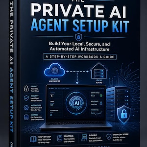 Könnte beinhalten: Ein dunkelblaues Buch mit dem Titel The Private AI Agent Setup Kit. Das Cover zeigt einen Laptop mit einer KI-Gehirn-Schnittstelle, einen Server-Tower mit einem Schild-Symbol und Text über ein Arbeitsbuch zum Aufbau lokaler KI-Infrastruktur.