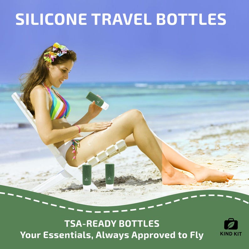 May include: The image shows a woman applying lotion from a green silicone travel bottle while sitting on a beach chair. The text reads "SILICONE TRAVEL BOTTLES" and "TSA-READY BOTTLES". The bottles are designed for travel and are TSA-approved.