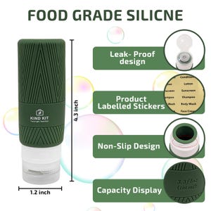 May include: A green travel-sized silicone bottle with a textured grip, labeled "KIND KIT". It is 4.3 inches tall and 1.2 inches wide, with a capacity of 3.3 fl oz (100 ml). Features include a leak-proof and non-slip design, and product label stickers.
