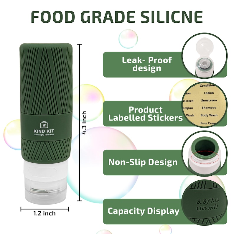 May include: A green travel-sized silicone bottle with a textured grip, labeled "KIND KIT". It is 4.3 inches tall and 1.2 inches wide, with a capacity of 3.3 fl oz (100 ml). Features include a leak-proof and non-slip design, and product label stickers.