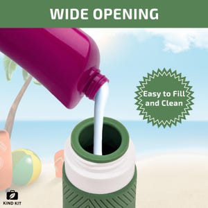 May include: A purple bottle pouring white liquid into a green and white bottle. The image shows the text "WIDE OPENING" and "Easy to Fill and Clean". The background is a beach scene with a palm tree and a beach ball.