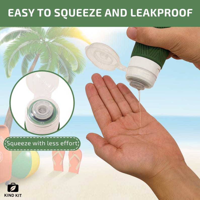 May include: A green and white travel-sized squeeze bottle dispensing liquid into a hand. The bottle is labeled "EASY TO SQUEEZE AND LEAKPROOF" and "Squeeze with less effort". The background shows a beach scene with a palm tree.