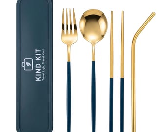 Tragbar Wiederverwendbare Besteck Set - Löffel Gabel Strohhalm & Essstäbchen - Reise, Arbeit, Camping Utensilien