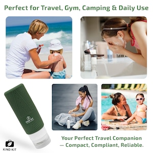 May include: A green travel bottle with a textured design and the text "KIND KIT". The image includes scenes of people at the beach, washing their face, at the gym, and with a child. The text reads "Perfect for Travel, Gym, Camping & Daily Use" and "Your Perfect Travel Companion - Compact, Compliant, Reliable."