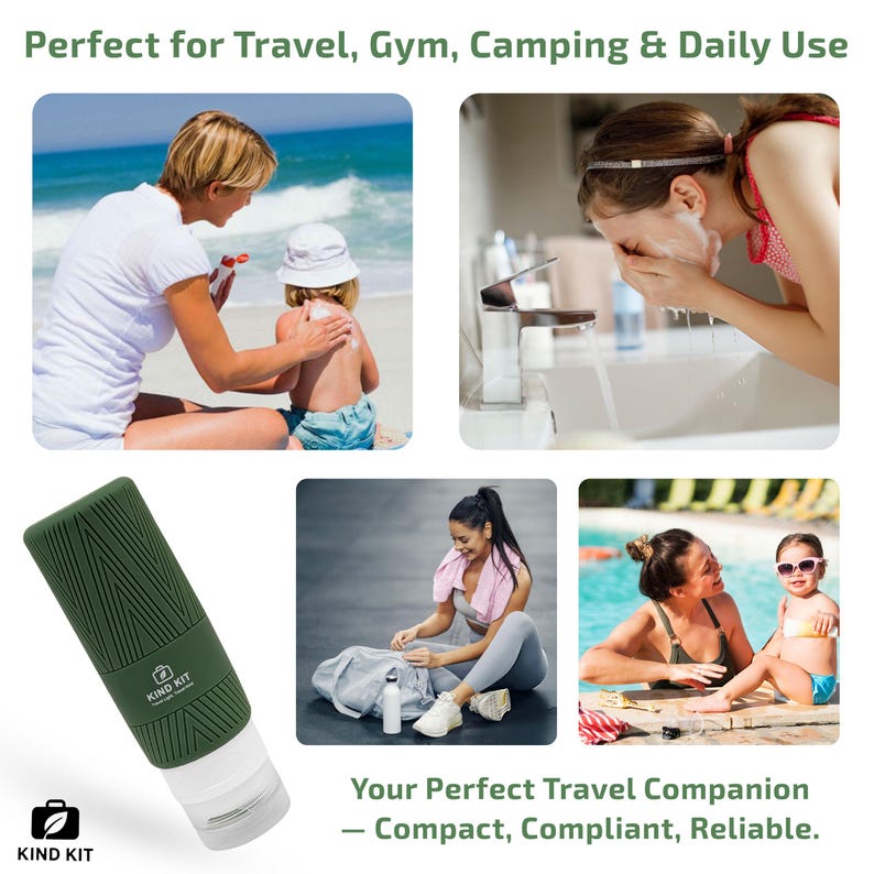 May include: A green travel bottle with a textured design and the text "KIND KIT". The image includes scenes of people at the beach, washing their face, at the gym, and with a child. The text reads "Perfect for Travel, Gym, Camping & Daily Use" and "Your Perfect Travel Companion - Compact, Compliant, Reliable."