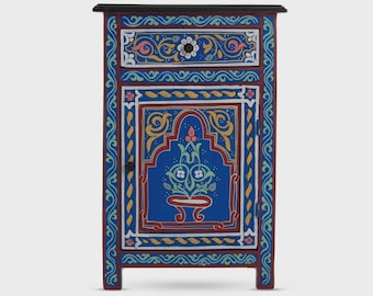 Blauer marokkanischer Nachttisch | Handbemalter Boho Nachttisch mit Schublade | Handgefertigter Holz Beistelltisch | Boho Schlafzimmer Dekor | Marokko Geschenk