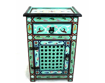 Mesita de noche marroquí turquesa – Mesita de noche pintada a mano, mesita auxiliar marroquí, mueble bohemio colorido