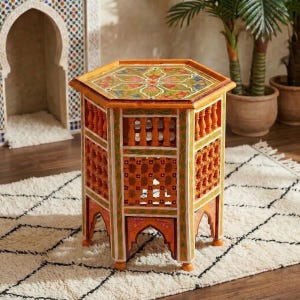 Moroccan Hexagon Side Table, Orange Mosaic Wooden Accent Table, Handcrafted Boho Home Decor