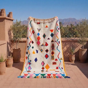 Alfombra bereber Azilal, alfombra marroquí de lana hecha a mano, alfombra boho colorida con rombos, alfombra tribal de área