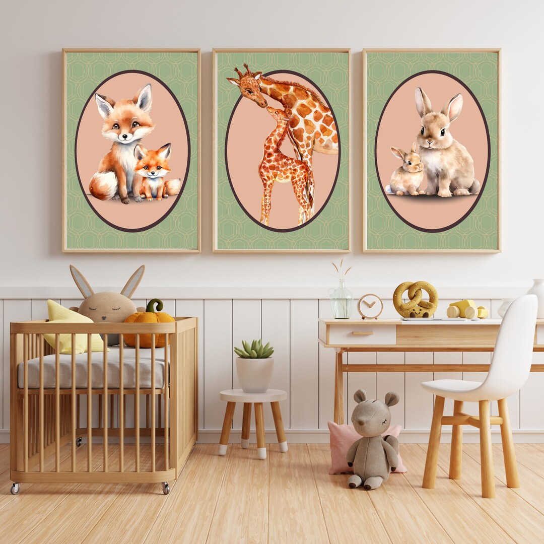 Mom and Baby Safari Animals Nursery Wall Art Set of 3 - Watercolor ...