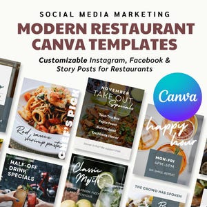 Könnte beinhalten: Werbebild für Social-Media-Marketing für Restaurants mit Canva-Vorlagen. Das Bild zeigt verschiedene Beiträge zu Speisen und Getränken, darunter Pasta, Take-out-Specials, Happy Hour und Getränkespecials. Der Text enthält "Moderne Restaurant Canva-Vorlagen."