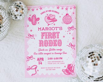 First Rodeo Birthday Invitation, Pink Pony Club, Disco Cowgirl Invite (5x7" Digital Download)